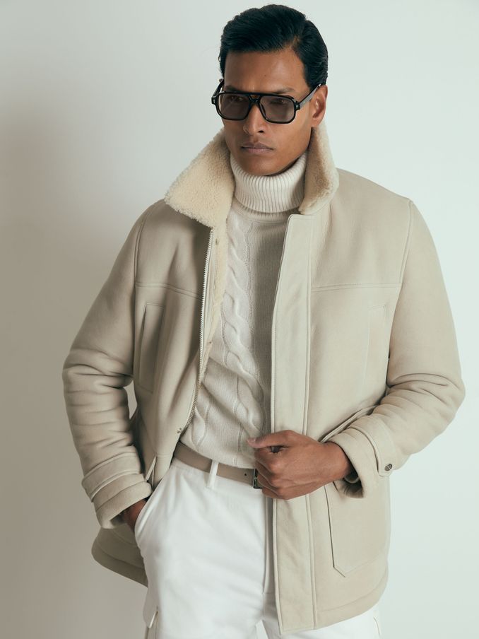 Atelier Suede Zip-Through Shearling Jacket in Off White (AB3826) | €1,205