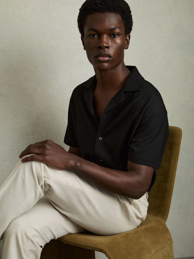 Textured Cuban Collar Shirt in Black (AB8217) | US$110