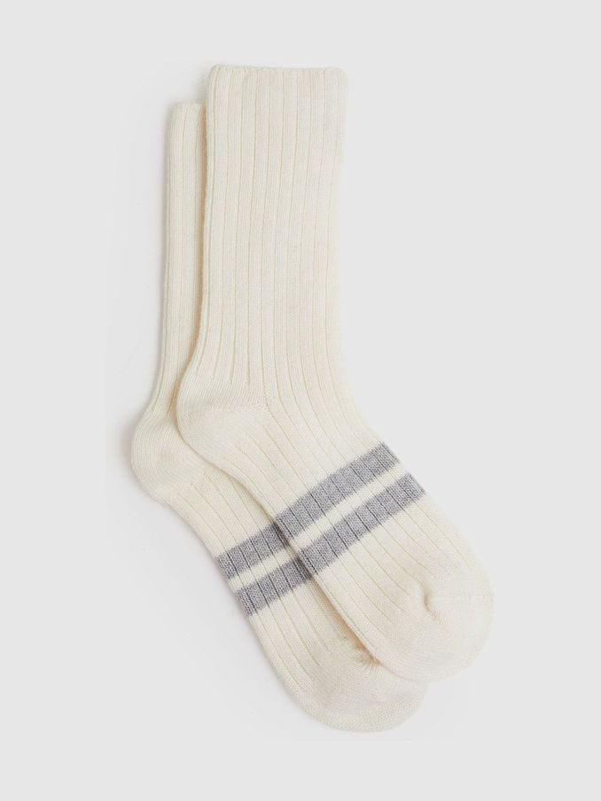 Wool Blend Ribbed Crew Socks in Ivory (AB9121) | US$30
