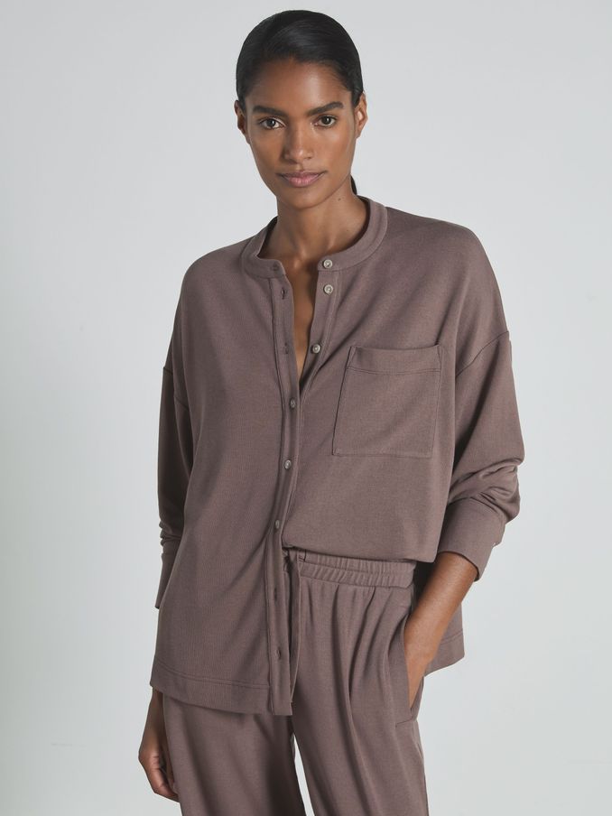 Thermal Jersey Grandad-Collar Shirt in Dark Mink (AB9124) | US$47