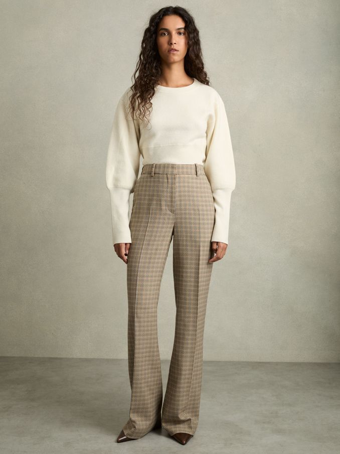 Petite Wool Wide-Leg Houndstooth-Check Trousers in Brown Check (AB9311) | €140