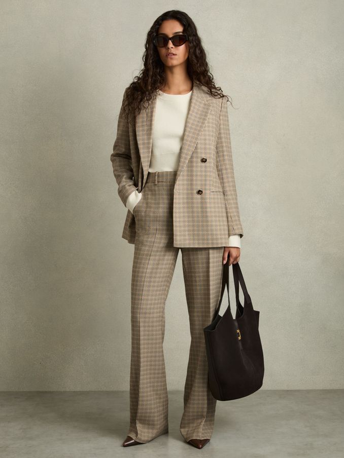 Petite Wool Double-Breasted Houndstooth-Check Blazer in Brown Check (AB9313) | €238