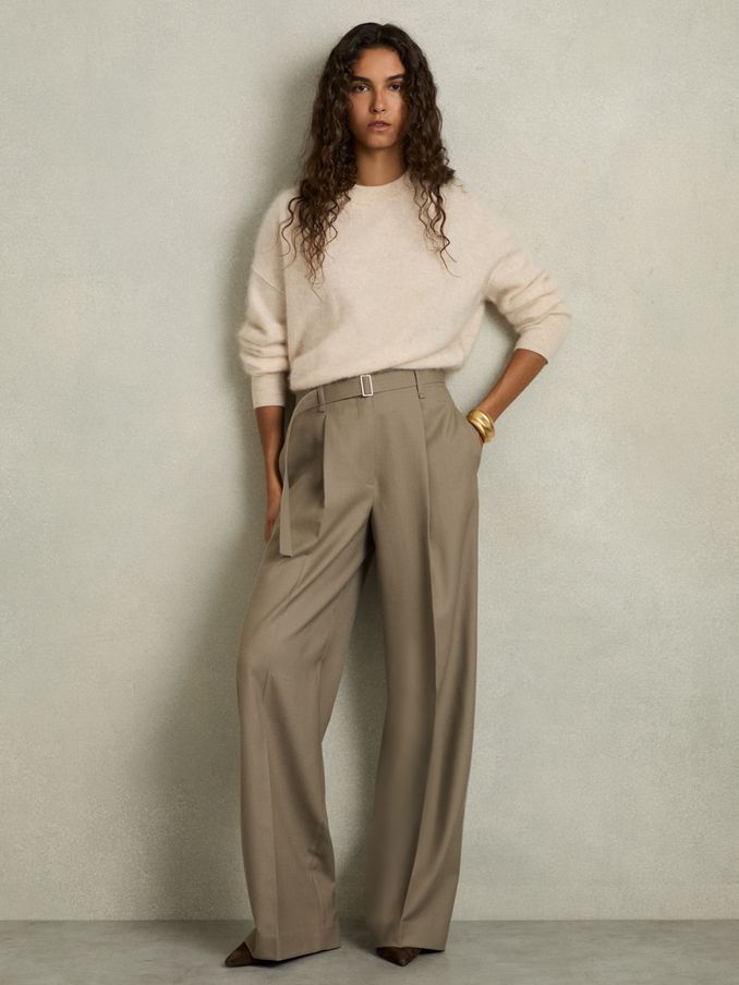 Wool Belted Wide-Leg Trousers in Neutral (AB9315) | CHF 169