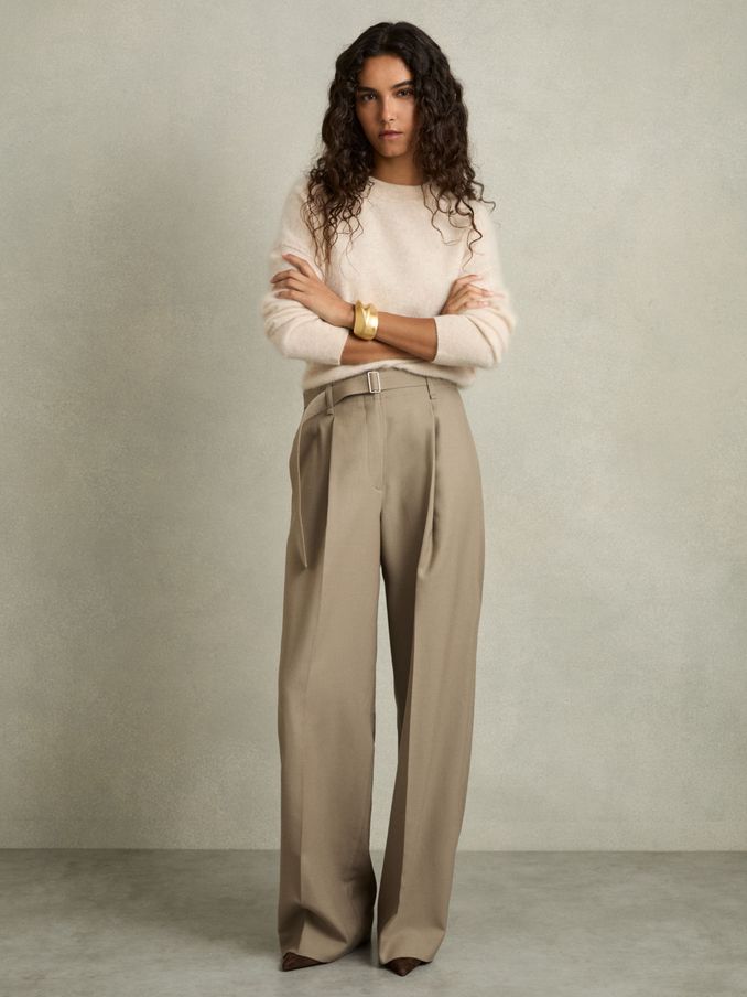 Petite Wool Belted Wide-Leg Trousers in Neutral (AB9323) | CHF 169