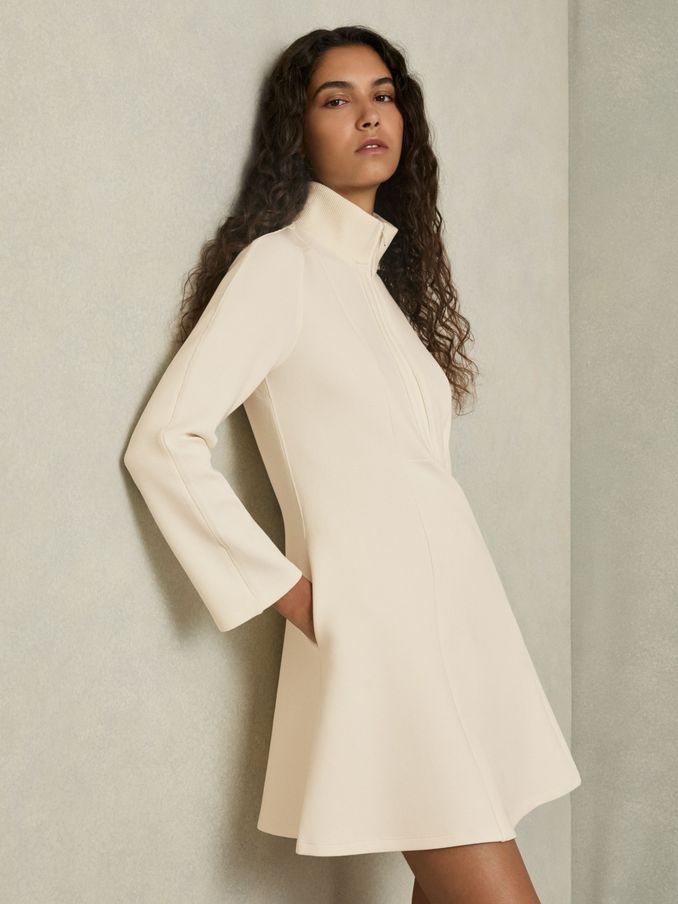 ZIp-Neck Interlock-Jersey Dress in Cream (AB9324) | US$132