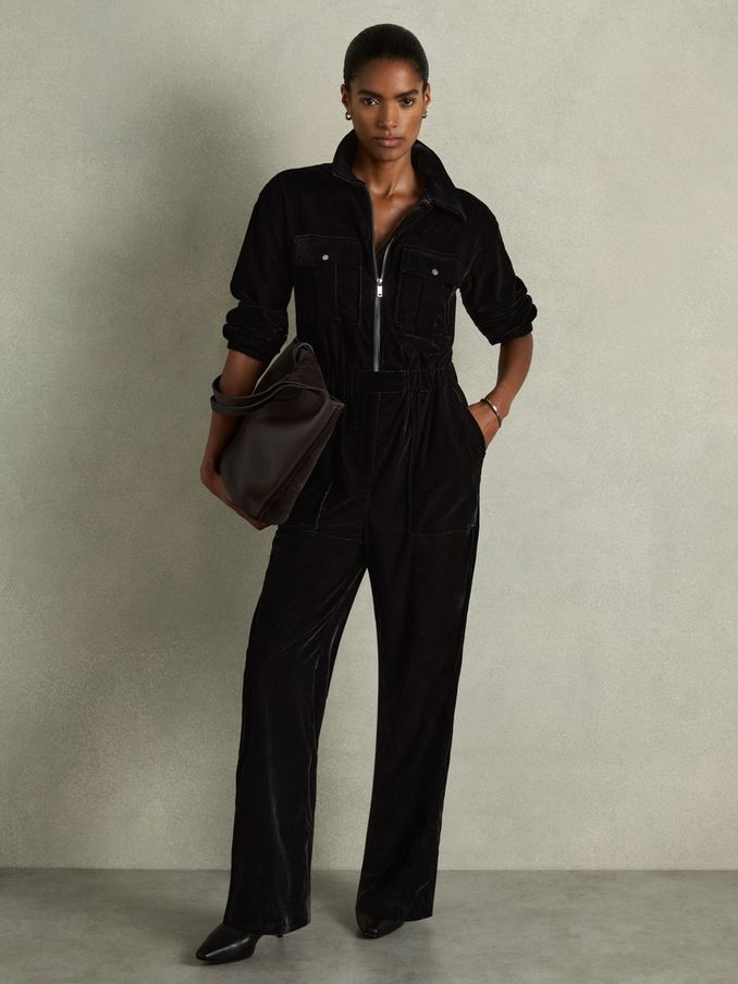 Fluwelen patchpocket Jumpsuit in Zwart (AB9335) | € 114