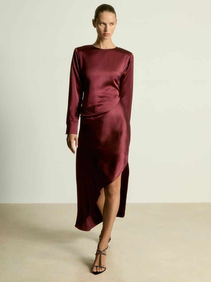 Satin Asymmetric Draped Maxi Dress in Burgundy (AC0986) | US$114