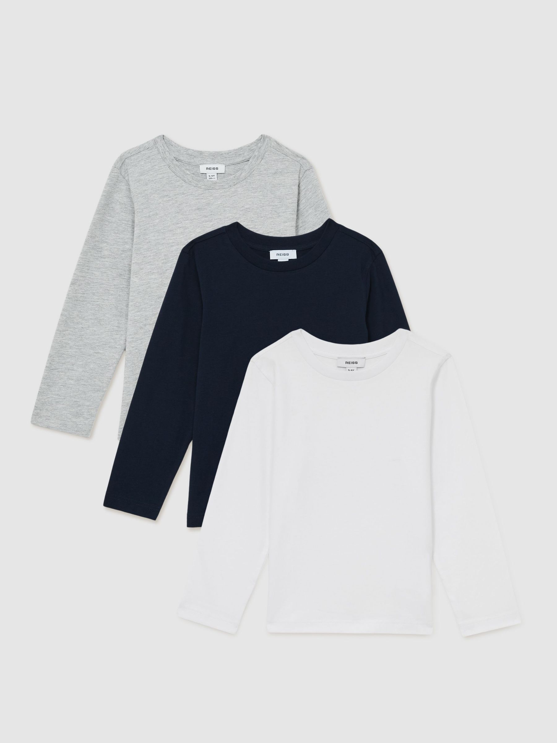 Lot de 3 T-shirts à manches longues en jersey de coton 3-9 ans – blanc/gris doux/bleu marine (AC0990) | 35 €