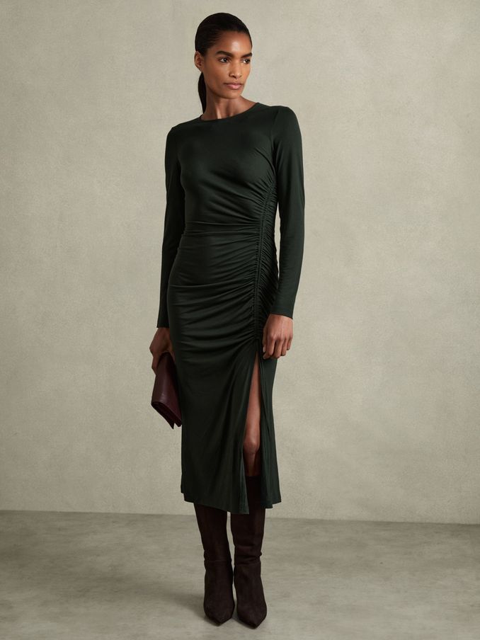 Jersey Ruched Midi Dress in Dark Green (AC0997) | US$66