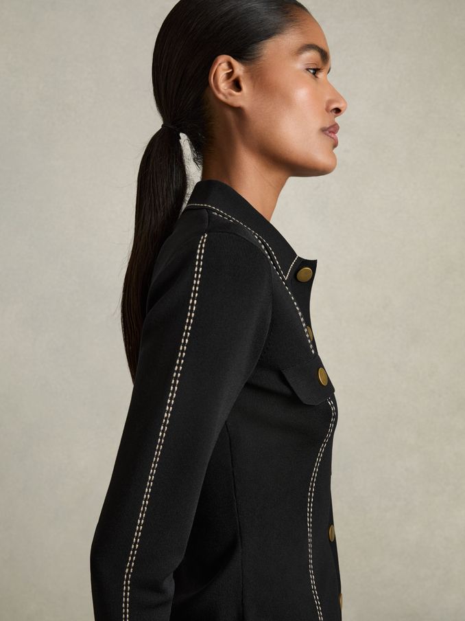 Compact-Knit Topstitched Press-Stud Top in Black (AC0998) | US$240