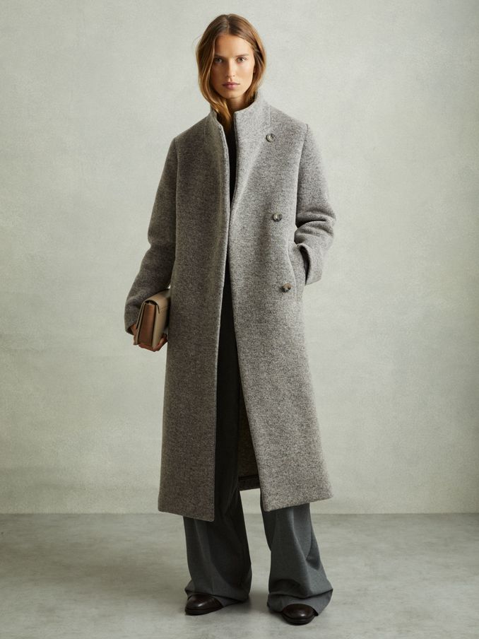 Knitted Funnel-Neck Coat in Grey (AC1004) | US$328