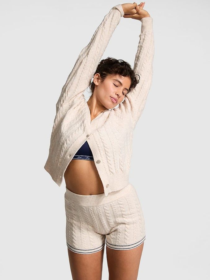 Heather Oatmeal Beige Cropped Cable Knit Cardigan (AC1120) | €56