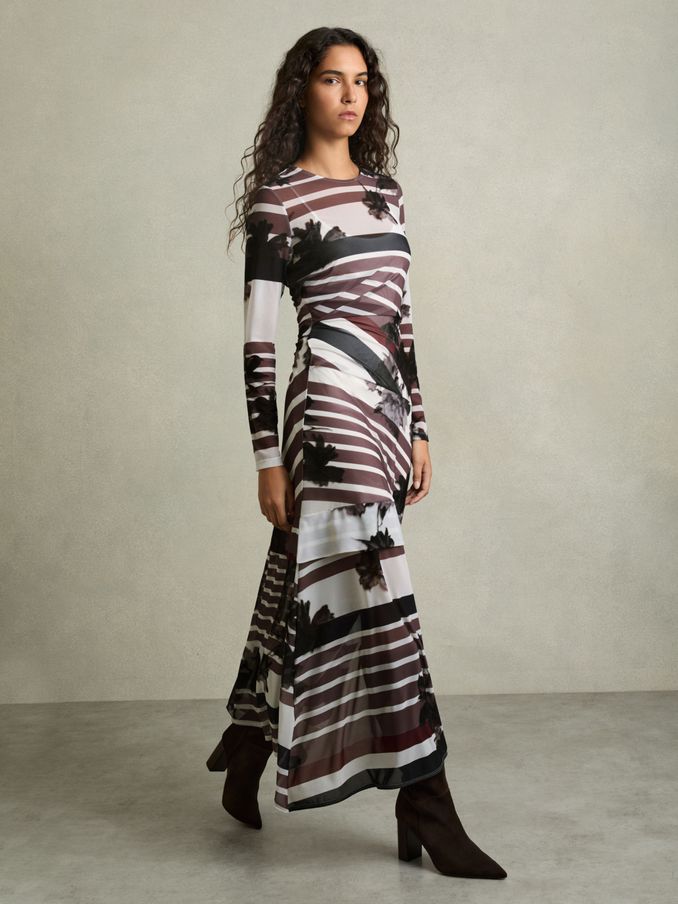 Stretch-Mesh Stripe-Print Ruched Dress in Burgundy/Black (AC2130) | US$163