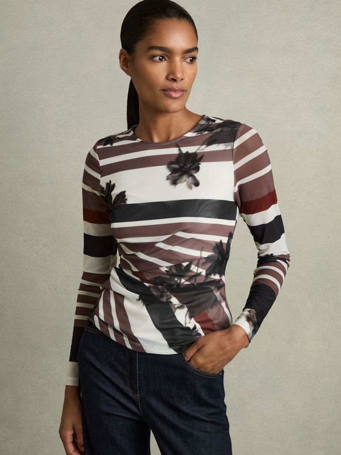 Ruched Abstract Stripe Top in Burgundy (AC2135) | €97