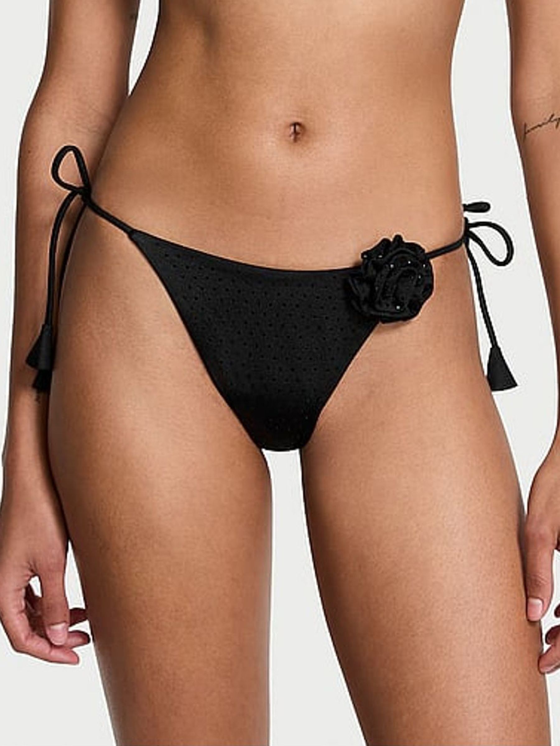 Black Diamante Tie Side Rosette Bikini Bottoms (AC3307) | €56