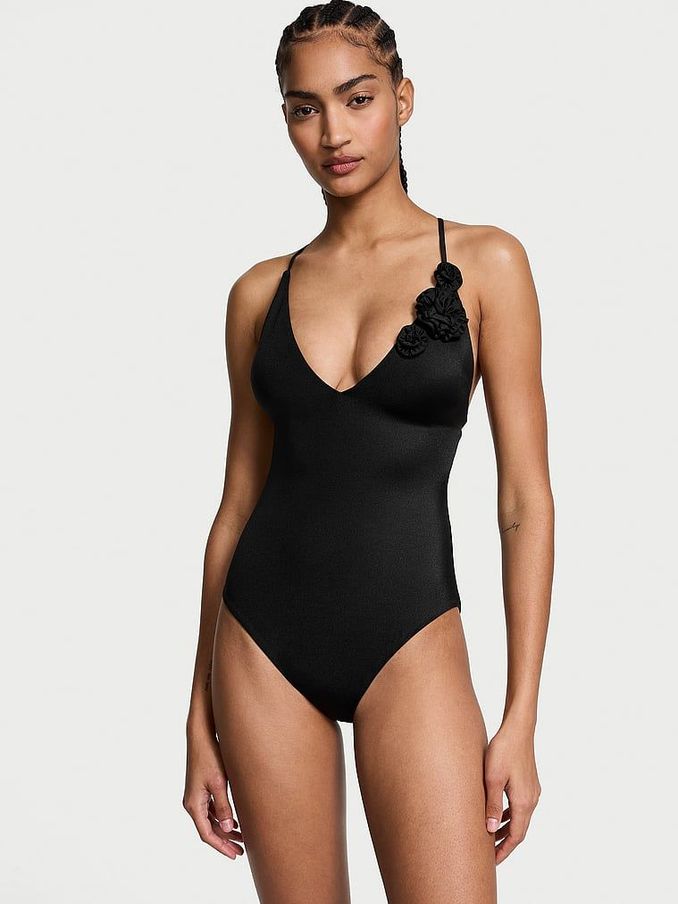 Black Rosette Plunge Swimsuit (AC3325) | €86