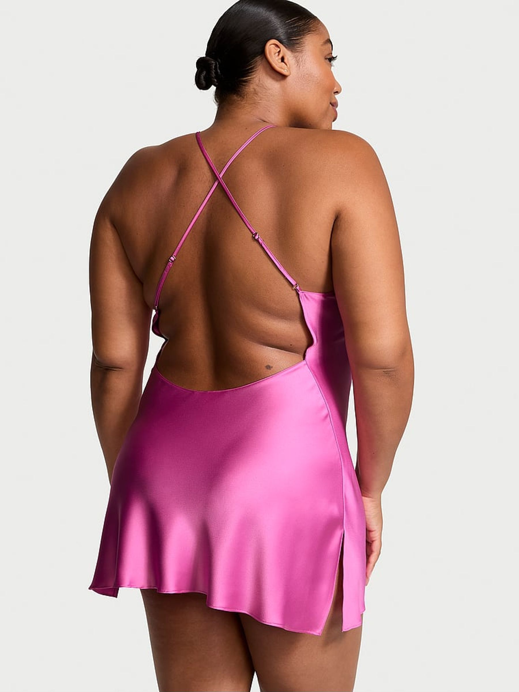 New Peony Pink Mini Satin Open Back Slip (AC3471) | €68