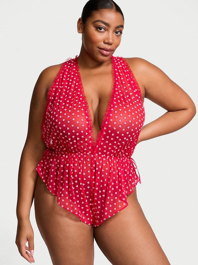 Vermillion Red Tease Mini Hearts Flocked Mesh Playsuit (AC3472) | €52
