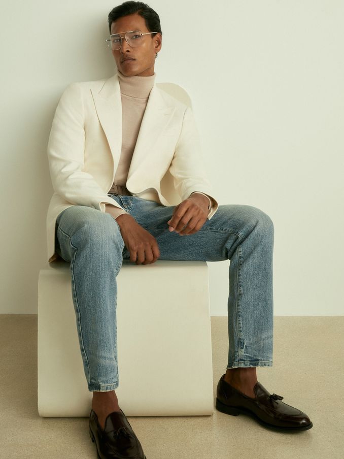 SIngle-Breasted Twill Blazer in Off White (AC4731) | US$262