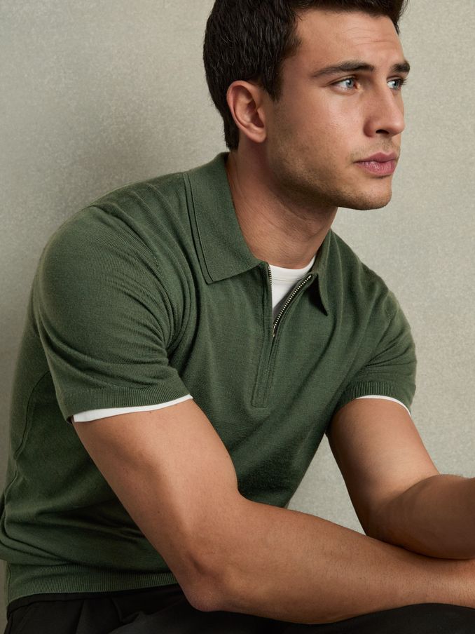 Merino Wool Half-Zip Polo Shirt in Dark Kale Green (AC4734) | €125