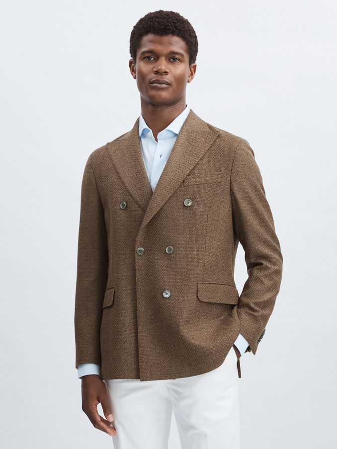 Oscar Jacobson Woven Wool Double-Breasted Blazer in Dark Brown (AC4735) | US$495
