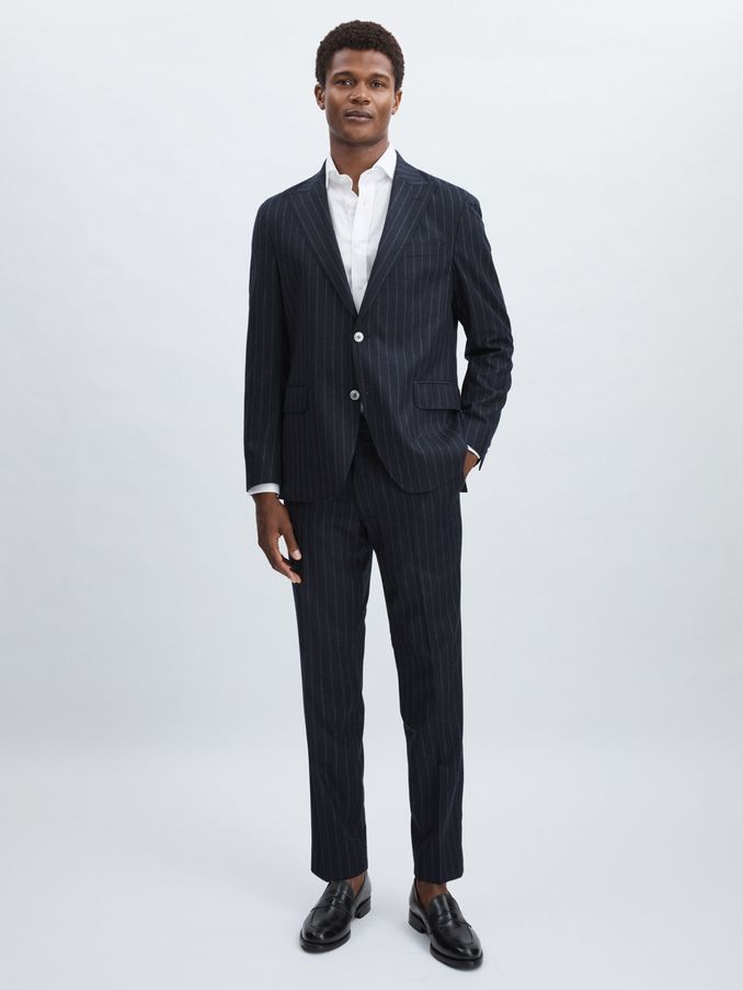 Oscar Jacobson 100% Wool Slim-Fit Pinstripe Suit Trousers in Navy (AC4745) | €193