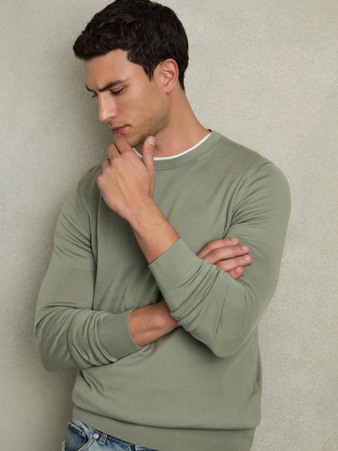Merino Wool Crew Neck Jumper in Herb Green (AC4748) | US$95