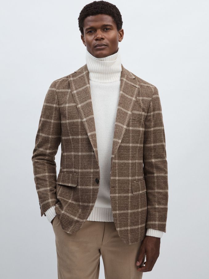 Oscar Jacobson Wool-Blend Single-Breasted Check Blazer in Dark Beige (AC4749) | US$413