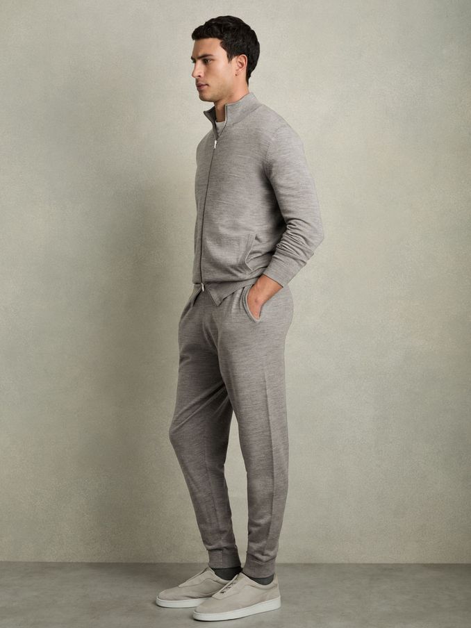 Merino Wool Zip-Through Cardigan in Warm Grey Melange (AC4757) | $130