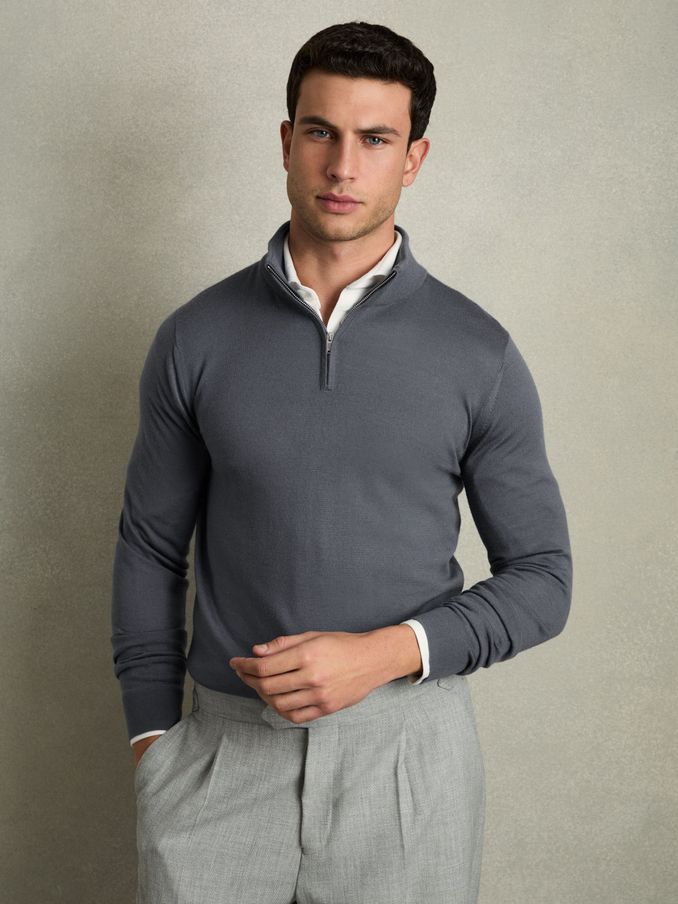 Merino Wool Half-Zip Funnel Neck Jumper in Airforce Blue (AC4764) | €140