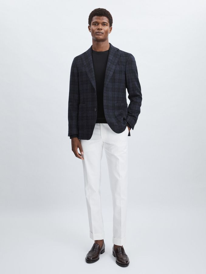 Oscar Jacobson Single Breasted Tweed Check Blazer in Navy (AC4765) | US$413