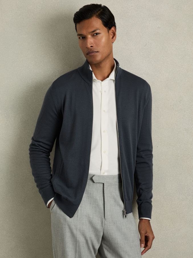 Merino Wool Zip-Through Cardigan in Blackened Blue (AC4769) | $91