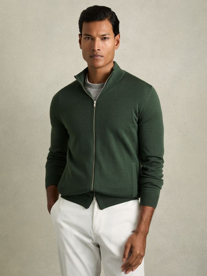 Merino Wool Zip-Through Cardigan in Dark Kale Green (AC4771) | $130