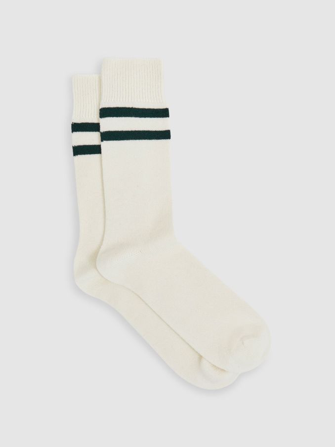 Striped Socks With Wool And Cashmere in Ecru/Forest Green (AC4776) | US$25