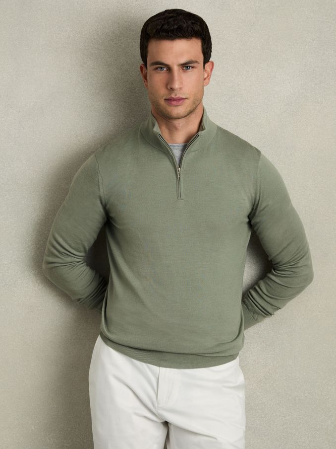 Merino Wool Half-Zip Funnel Neck Jumper in Herb Green (AC4778) | €140