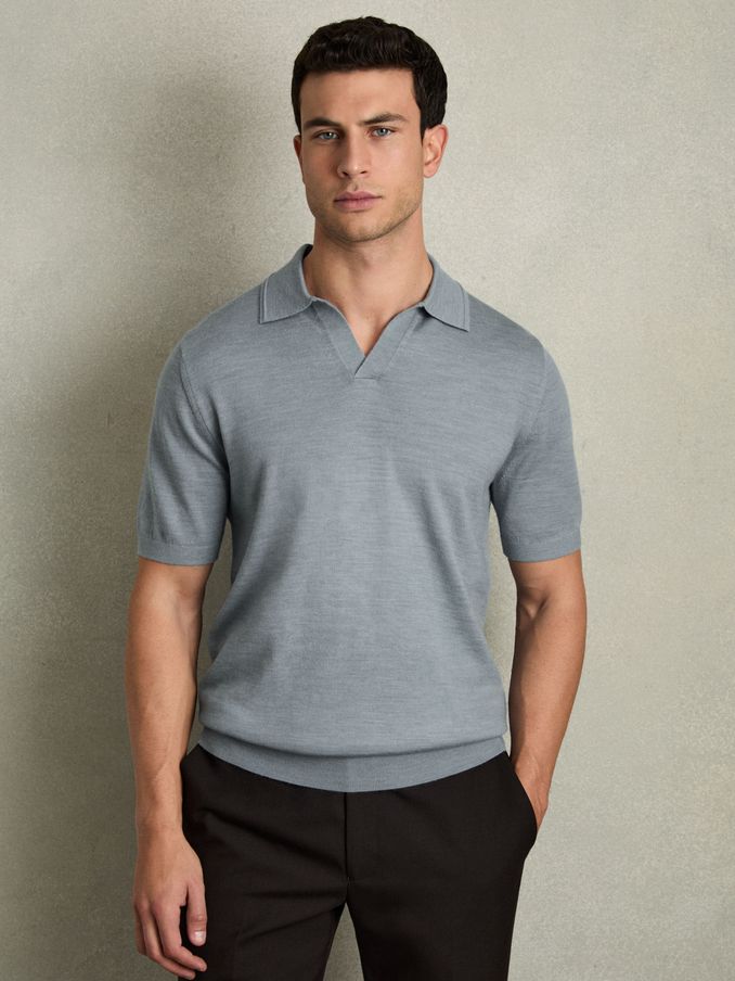 Merino Wool Open Collar Polo Shirt in Soft Blue Melange (AC4787) | €125