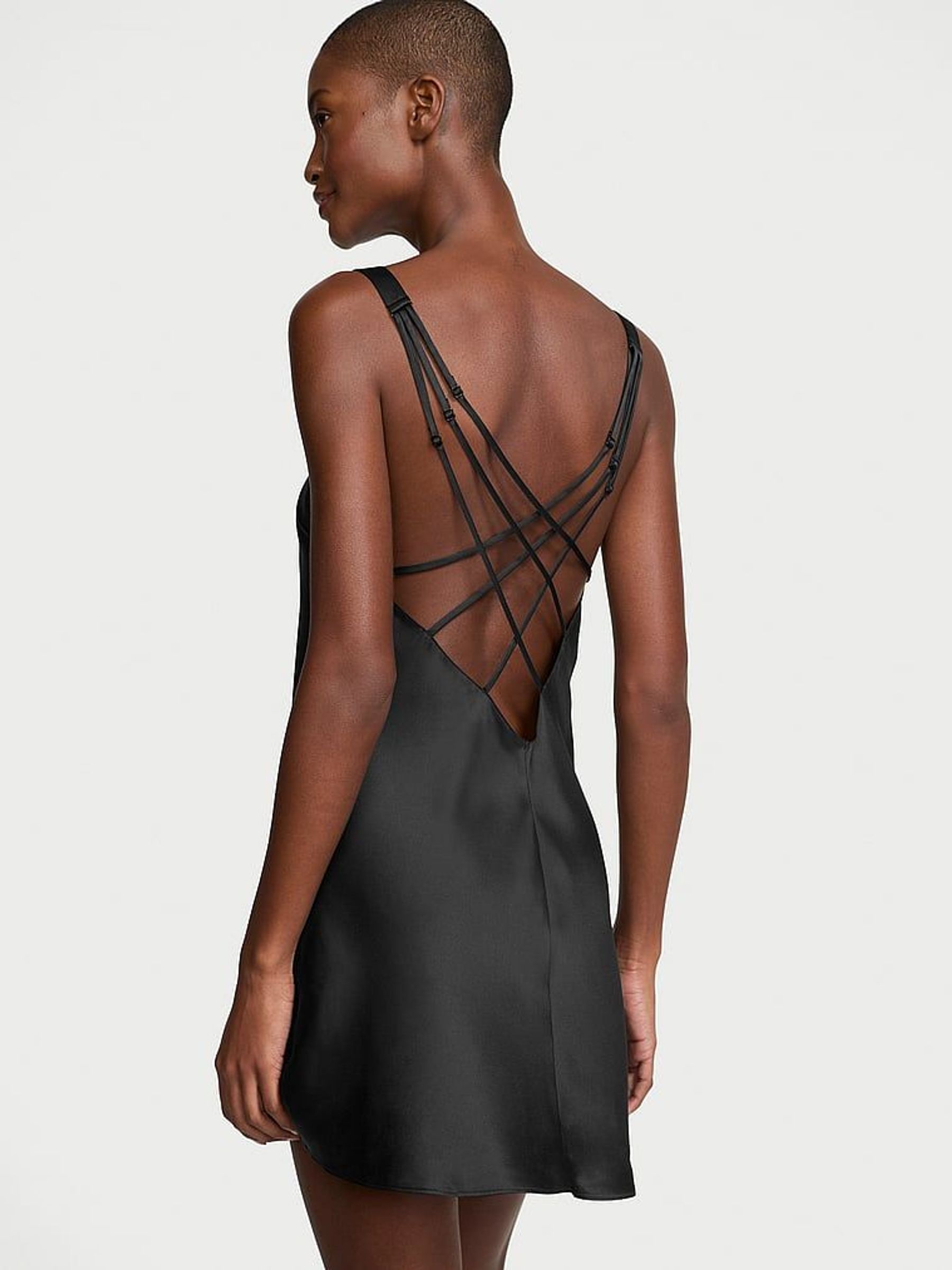 Black Shine Strappy Back Satin Slip Dress (AC5265) | €79