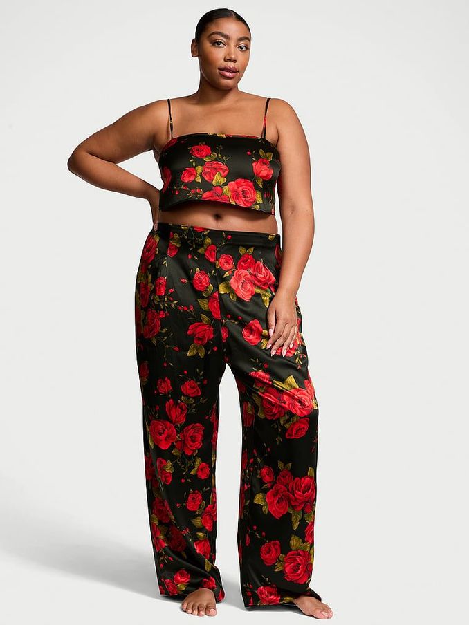 Black Glamorous Rose Satin Cropped Pyjama Set (AC5694) | €98