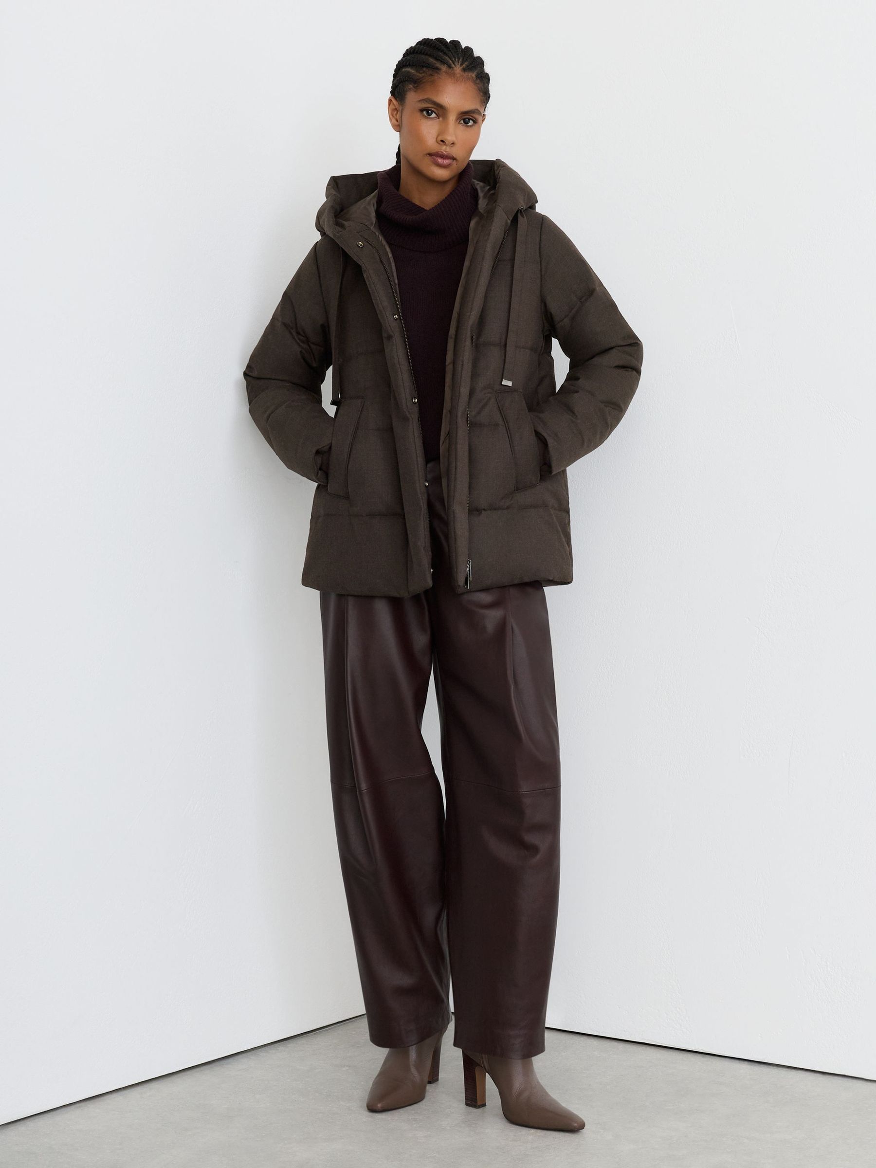 Brown - Wool Hooded Puffer Coat