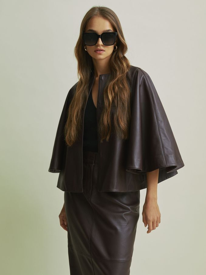 Florere Leather Cape-Sleeve Jacket in Burgundy (AC6119) | US$205