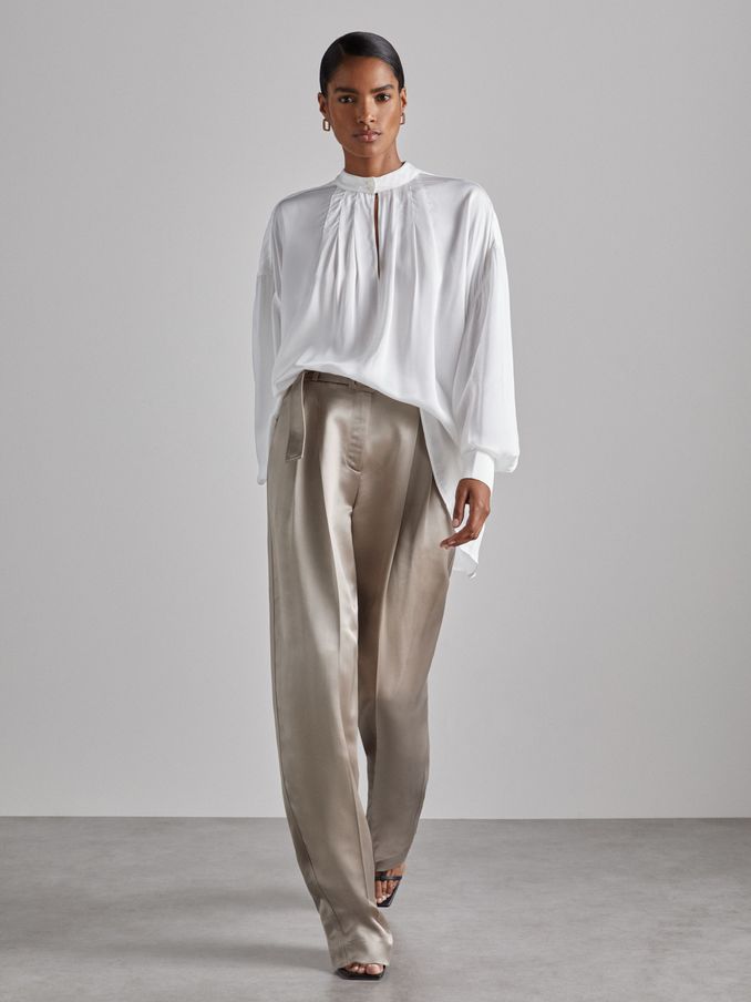 Atelier Belted Satin Trousers in Champagne (AC6801) | US$228