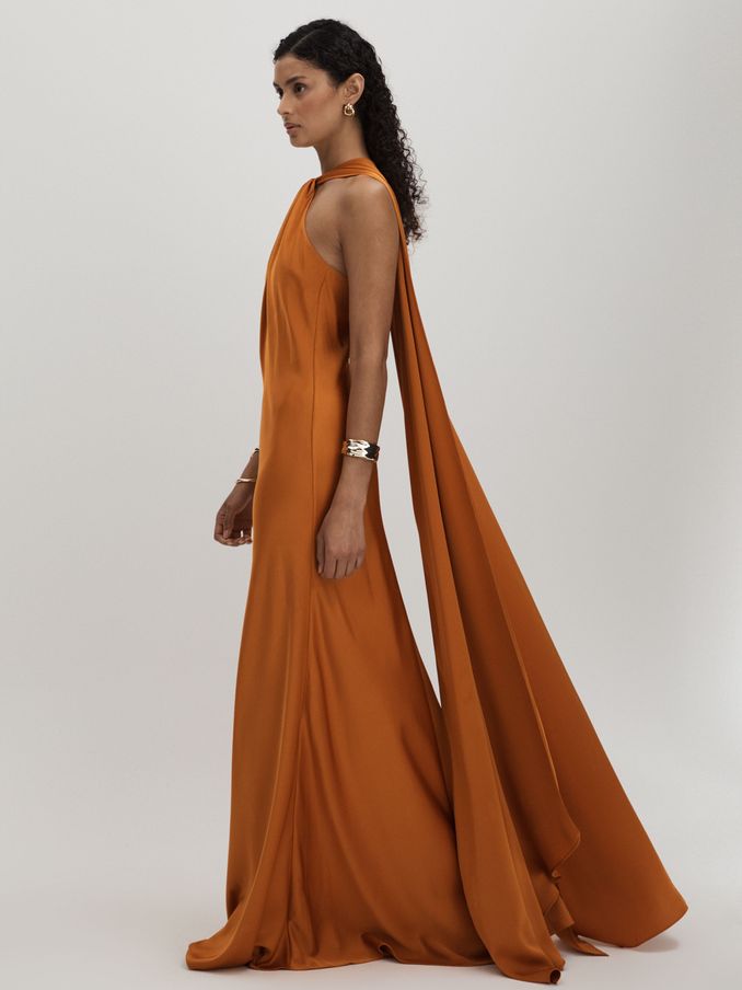Halston Halter Cape Maxi Dress in Mustard (AC6804) | 2,432 SAR