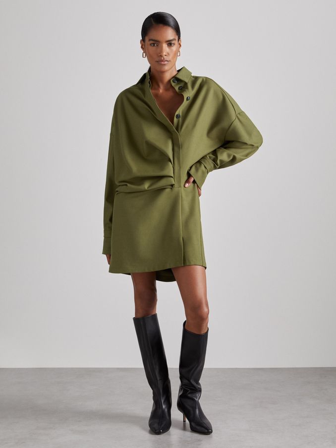 Atelier Draped Shirt Dress with Wool in Khaki (AC6806) | €397