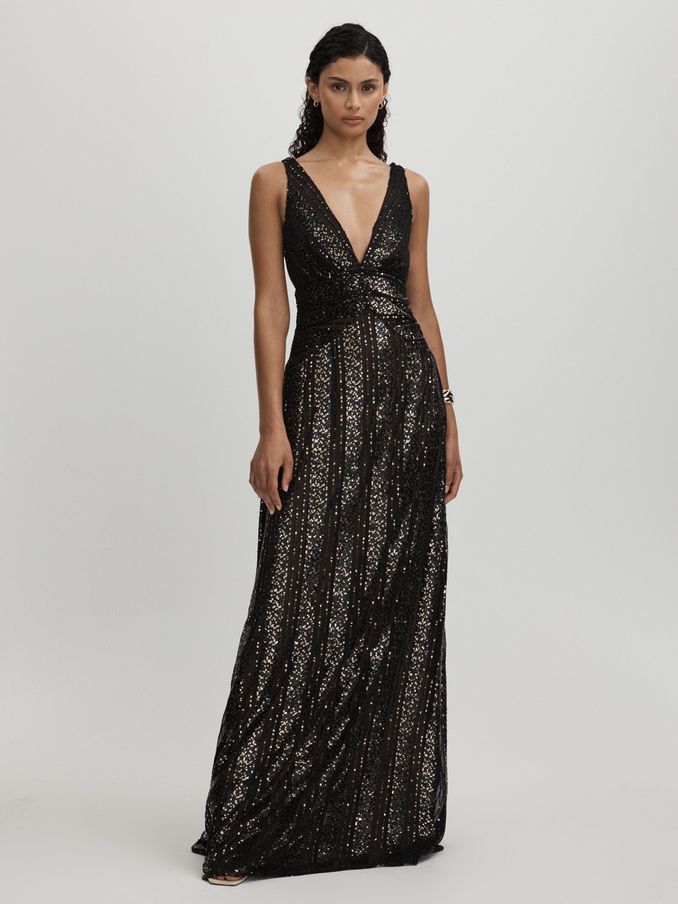 Halston Plunge Neck Sequin Maxi Dress in Black (AC6825) | 2,546 SAR
