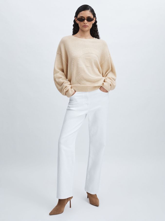 Crush Collection 100% Cashmere Smiley-Face Jumper in Cream (AC6830) | €283