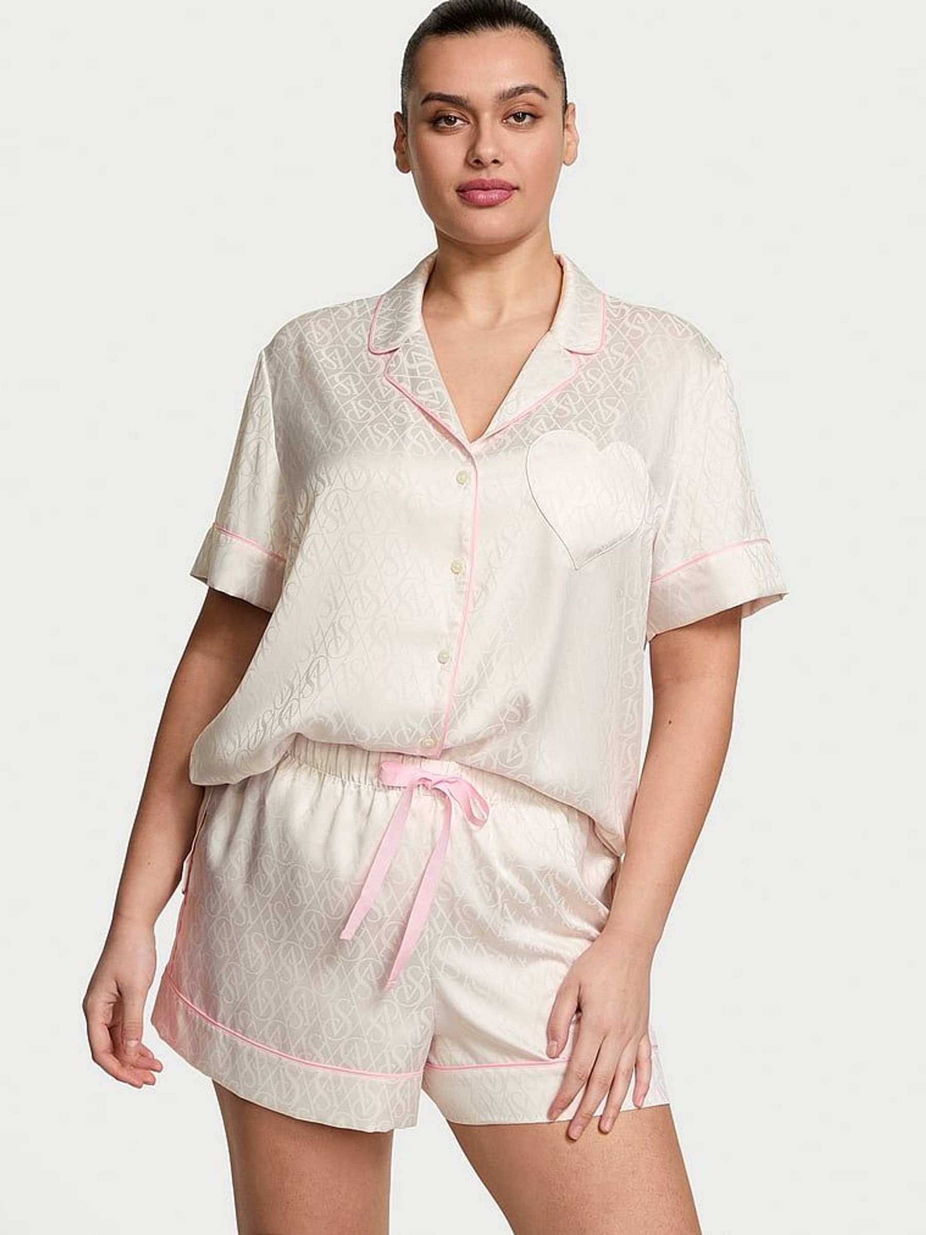 Coconut White Heart Pocket Satin Short Pyjama Set (AC7490) | €75