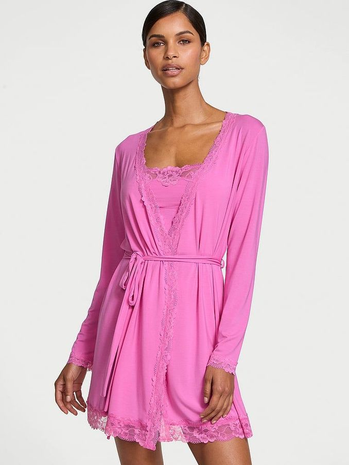 New Peony Pink Modal Lace Trim Robe (AC7501) | €56