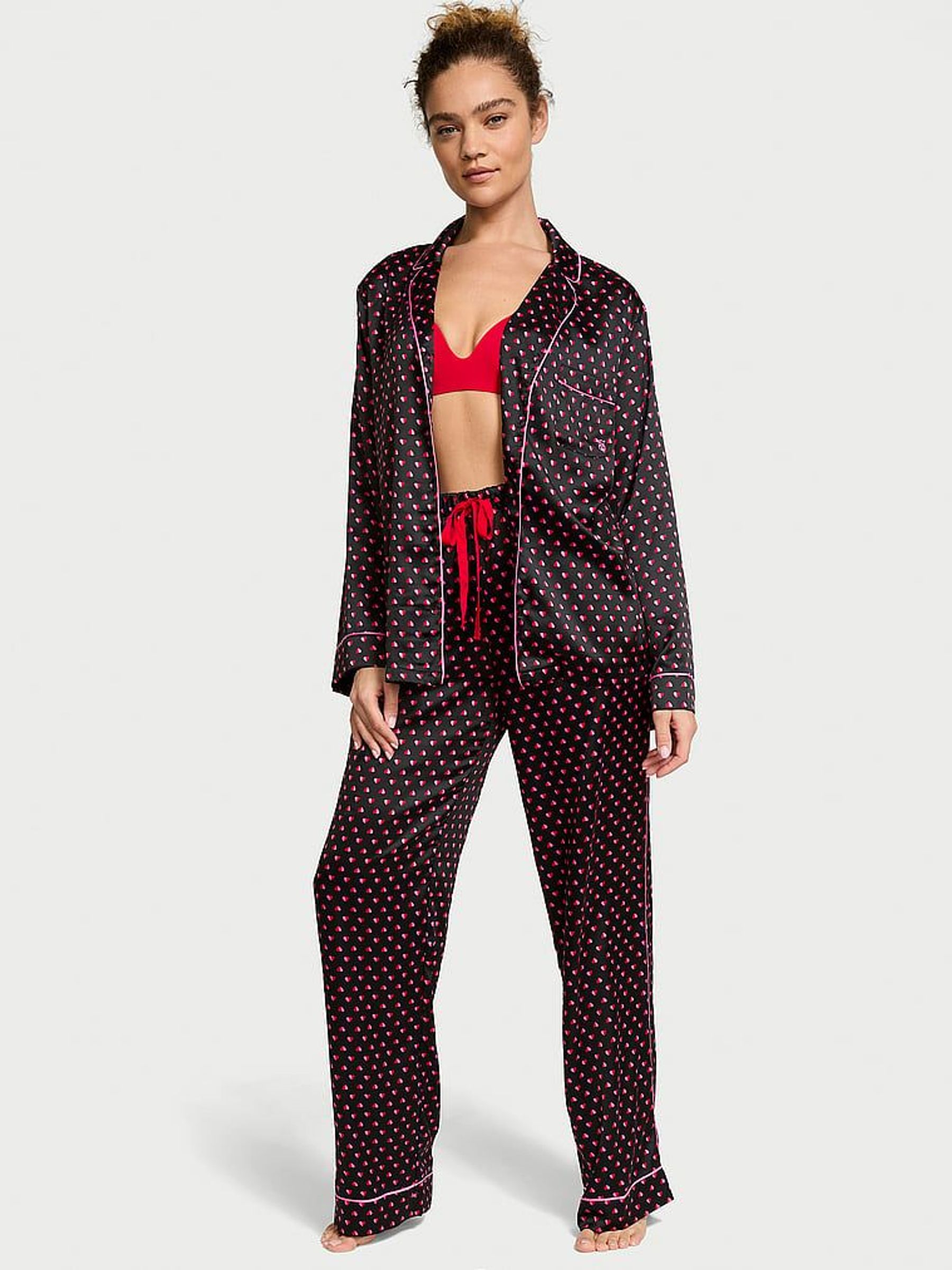 Black & Pink Two Tone Hearts Satin Long Pyjama Set (AC7505) | €79