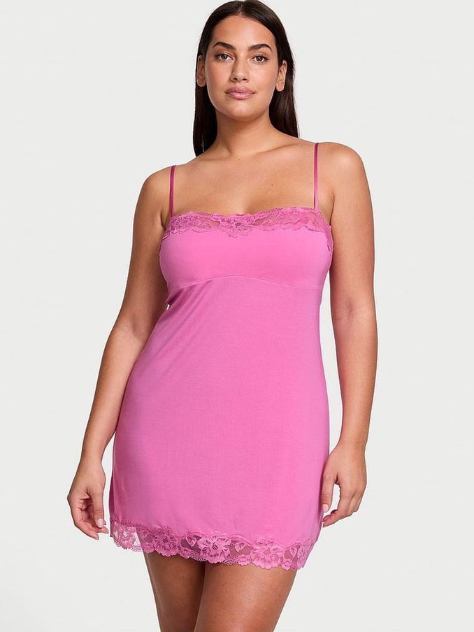 New Peony Pink Modal Straight Neck Slip Dress (AC7530) | €56