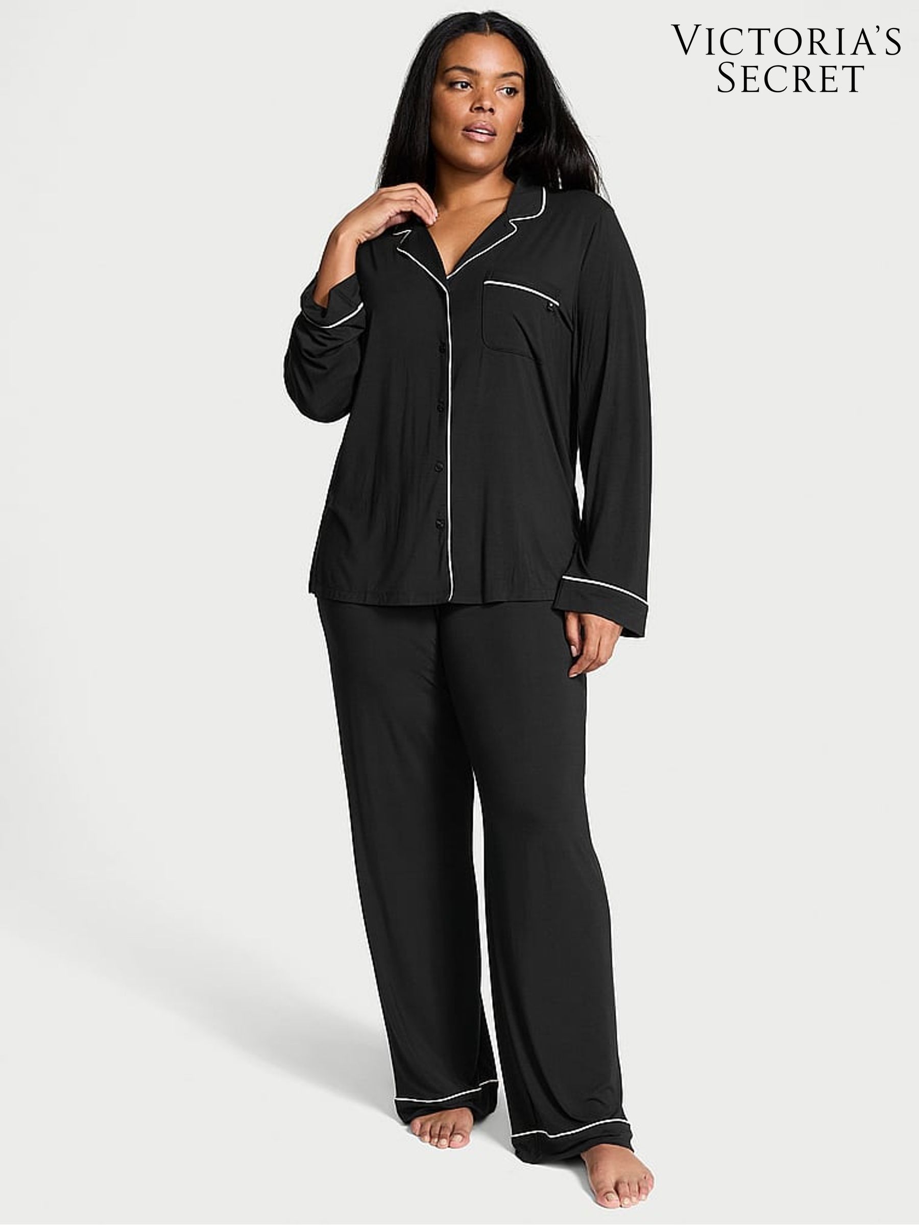 Black with Angel Pink Piping Modal Long Pyjama Set (AC7535) | €68